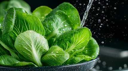 Fresh green leafy lettuce being washed under water spray, highlighting its crisp texture and vibrancy. Perfect for healthy salads and meals.