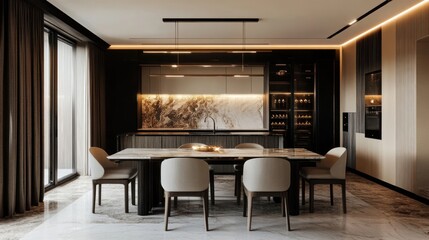 Modern Kitchen and Dining Room with Marble Flooring and Sleek Furniture