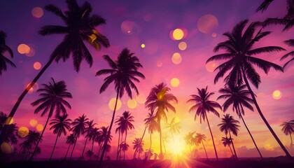 Vibrant palm silhouette against colorful sunset sky, tropical vacation illustration