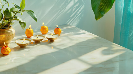 serene display of traditional diyas and decorative elements on marble surface, illuminated by soft sunlight, creating warm and inviting atmosphere