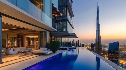 Modern luxury architecture in Dubai, stylish penthouse apartment with large balcony and swimming pool, scenic of city skyline with skyscraper at sunset, landmark iconic tower background. 3d modern art