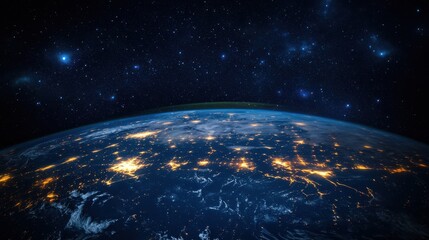 Obraz premium A stunning view of Earth from space, showcasing city lights against a starry background.