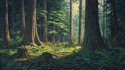 Fototapeta premium An old-growth forest with towering trees and rich undergrowth, full of life.