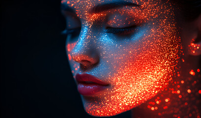 Artistic close-up of a woman's face illuminated by vibrant lights against a dark background showcasing shimmering details