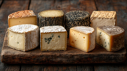An assortment of artisanal cheeses displayed on a rustic wooden board in a cozy setting