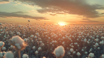 Obraz premium Glowing Sunset Over a Vast Cotton Flower Field in the Countryside