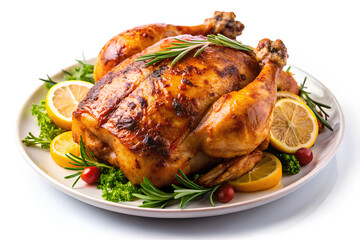 Grilled chicken, Whole Roasted Chicken in white plate on isolated white background