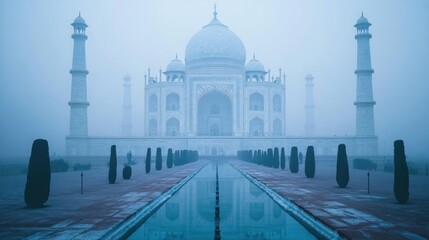 Obraz premium The Taj Mahal Reflected in a Pool of Water on a Misty Morning