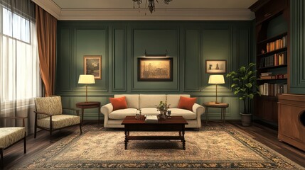 Cozy Living Room with Green Walls, Sofa, and a Rug