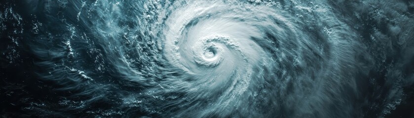 Hurricane swirl, dramatic clouds and ocean waves, powerful natural phenomenon.