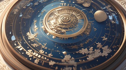 Obraz premium An ornate celestial mechanism is intricately crafted in a universe-inspired design, combining elements of astrology and cosmic mysticism with artistic elegance.
