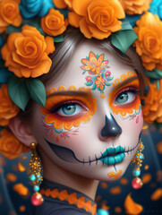 Colorful Day of the Dead makeup with floral designs

