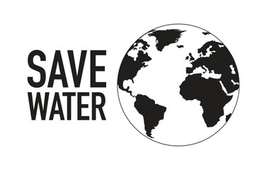 A black-and-white illustration of the Earth with the inscription 'Save Water', a symbol of water protection.