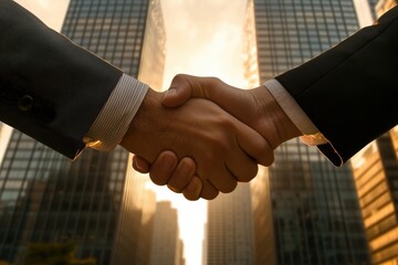 A handshake between two entrepreneurs outdoors, with skyscrapers in the background and sunlight illuminating the moment, symbolizing a fresh business start