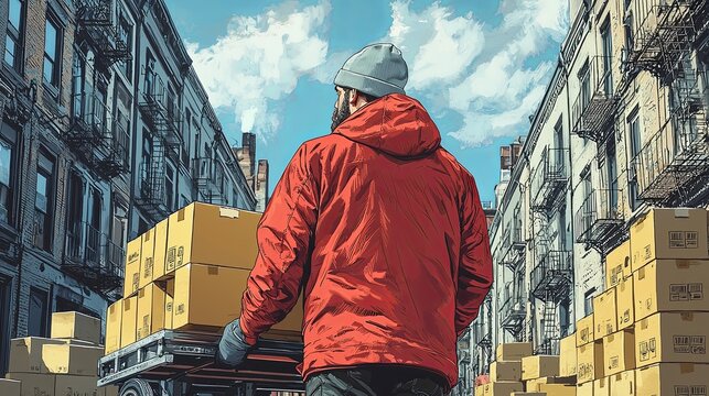A delivery worker in a vibrant red jacket is seen transporting packages along an urban street flanked by classic brownstone buildings under a bright sky.
