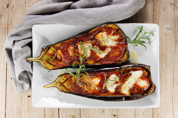 grilled eggplant with tomato sauce and mozzarella