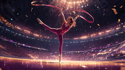 An elegant figure skater captivates the audience with a dynamic ribbon performance in a well-lit stadium, showcasing grace, strength, and poise on ice.