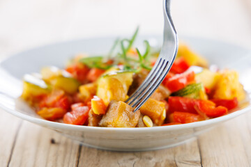 Vibrant ratatouille dish, showcasing traditional French vegetables. Perfect for healthy meals and vegetarian cuisine.