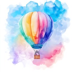 Fototapeta premium Hot air balloon ride banner template, flat lay composition with luxury on watercolor background, top view, water color, Colored pastel 