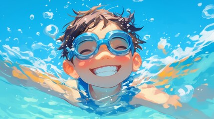 Naklejka premium A cheerful child swimming underwater, wearing bright blue goggles, with an enthusiastic smile, symbolizing carefree childhood moments, fun, and innocence in the water.
