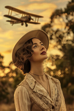 Vintage-Inspired Woman in Hat Watching a Biplane Fly at Sunset, Capturing an Era of Exploration and Adventure