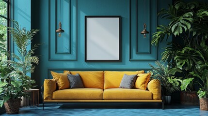 A vibrant yellow sofa brings life to a lush green room that's tastefully decorated, combining modern elegance with a lively and inviting atmosphere, full of plants.