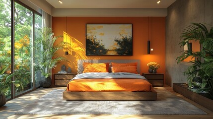 A modern bedroom features orange accents and large windows offering a scenic outdoor view, harmonizing nature and stylish interior elements for relaxation and refreshment.