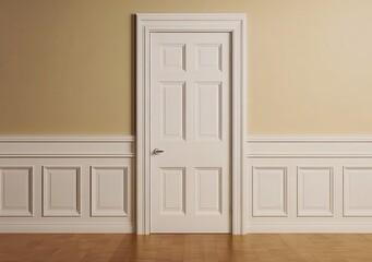 A classic interior door set in a paneled wall against a warm-toned background.