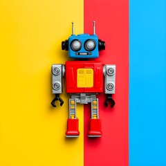 Toyshop robot toys sale banner template, flat lay composition with toy on colorful background, top view, animation, Split-complementary color scheme 