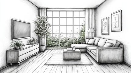 A monochrome sketch of a modern living room with a sectional sofa, large TV, plants, and a panoramic window, showcasing elegance and simplicity.