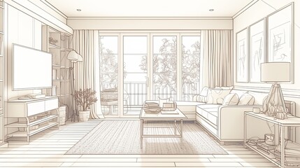A detailed line art of a sophisticated living room with a sectional sofa, floor-to-ceiling windows overlooking a balcony, and elegant furnishings.
