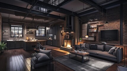 An inviting industrial loft features dark, stylish furniture and exposed brick walls, complemented by warm lighting and a modern open space kitchen layout.