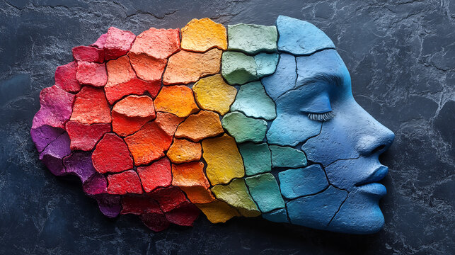 Human head made of multicolored stones on a dark background.