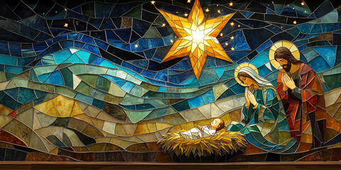 A bright star illuminating the night sky, shining over the manger scene with Mary, Joseph, and baby Jesus.