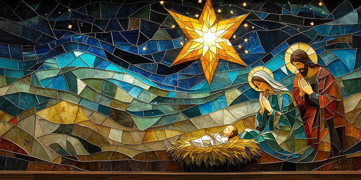 A bright star illuminating the night sky, shining over the manger scene with Mary, Joseph, and baby Jesus.
