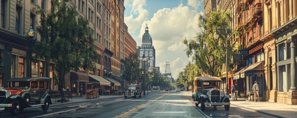 Retro 1920s urban boulevard, 4K hyperrealistic photo