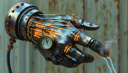 Steampunk Robot Hand with Clock and Spark