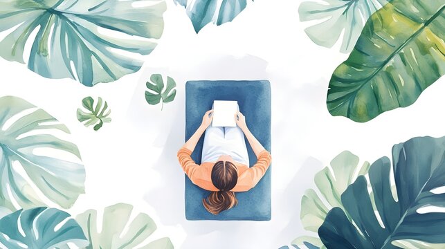 Cozy weekend mindfulness banner, flat design, top view, creative relaxation theme, watercolor, colored pastel 