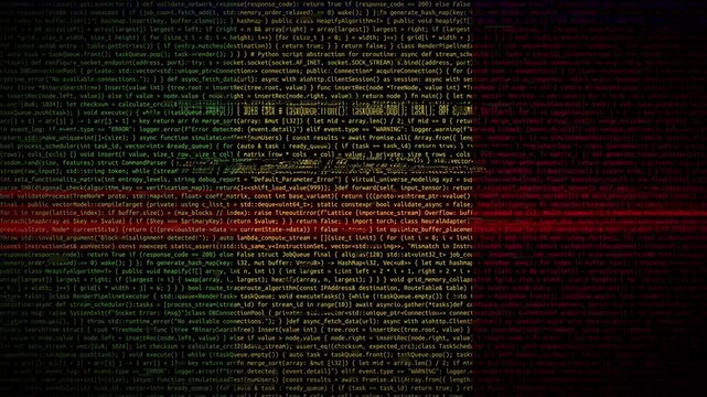 Binary code on flag of Mali. Program source code or Hacker concept on Malian flag. Mali digital technology security, hacking or programming