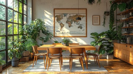 Obraz premium A well-lit dining room features wooden furniture, many green plants, and a large world map, creating a cozy and eco-friendly atmosphere filled with natural light.