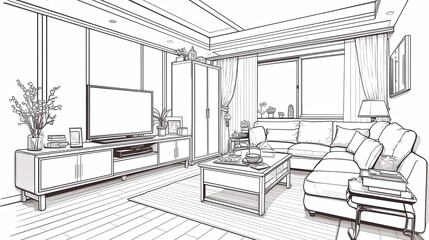 A monochrome sketch highlighting a cozy modern living room with sleek furniture and decor elements, offering a serene and stylish space for relaxation and leisure.