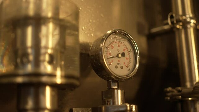 Closeup footage of the pressure gauge on storage tank in brewery - Process of making beer