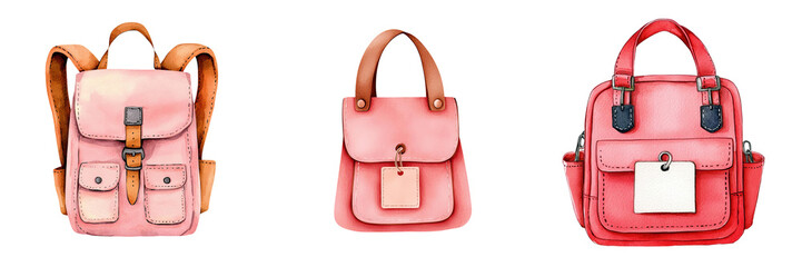 Three stylish pink bags on a white isolate background., transparent background.
