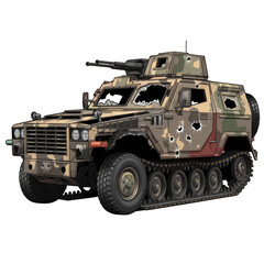 Naklejka premium Armored military vehicle with bullet holes, white isolate background Transparent PNG