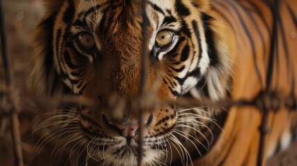 Fototapeta premium Tiger Behind Bars in Illegal Trade Scenario