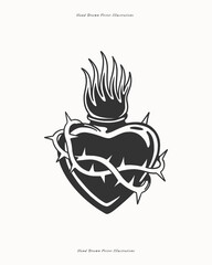 An illustration of a flaming heart wrapped in a thorny branch. Suitable for tattoos or symbolic designs expressing passion, sacrifice or suffering.