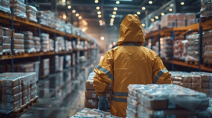 Industrial worker in freezer suit stacking frozen goods on pallets inside a chilled warehouse, showcasing efficient logistics and cold storage operations in action