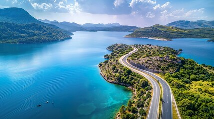 Asphalt highway road and lake with islands nature landscape on a sunny day.