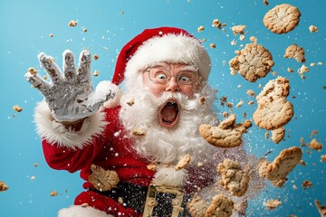 A joyful Santa Claus unexpectedly reacts as cookies fly in the air, spreading holiday cheer and surprise.