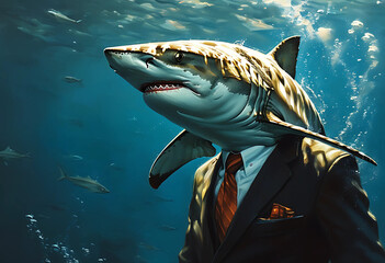 Surreal Shark Businessman in Deep Ocean Environment